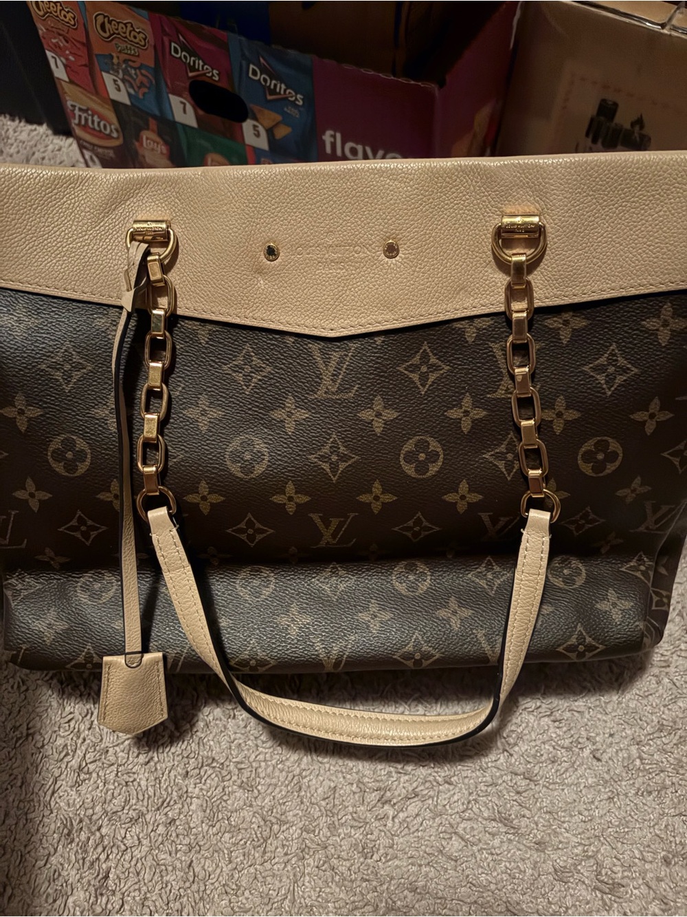 Real Authentic Louis Vuitton Brown Monogram Tote with Cream Trim and Gold Chains